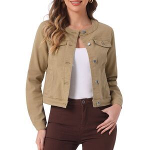 Denim Jacket Button Down Collarless Long Sleeve Jean Jacket Khaki